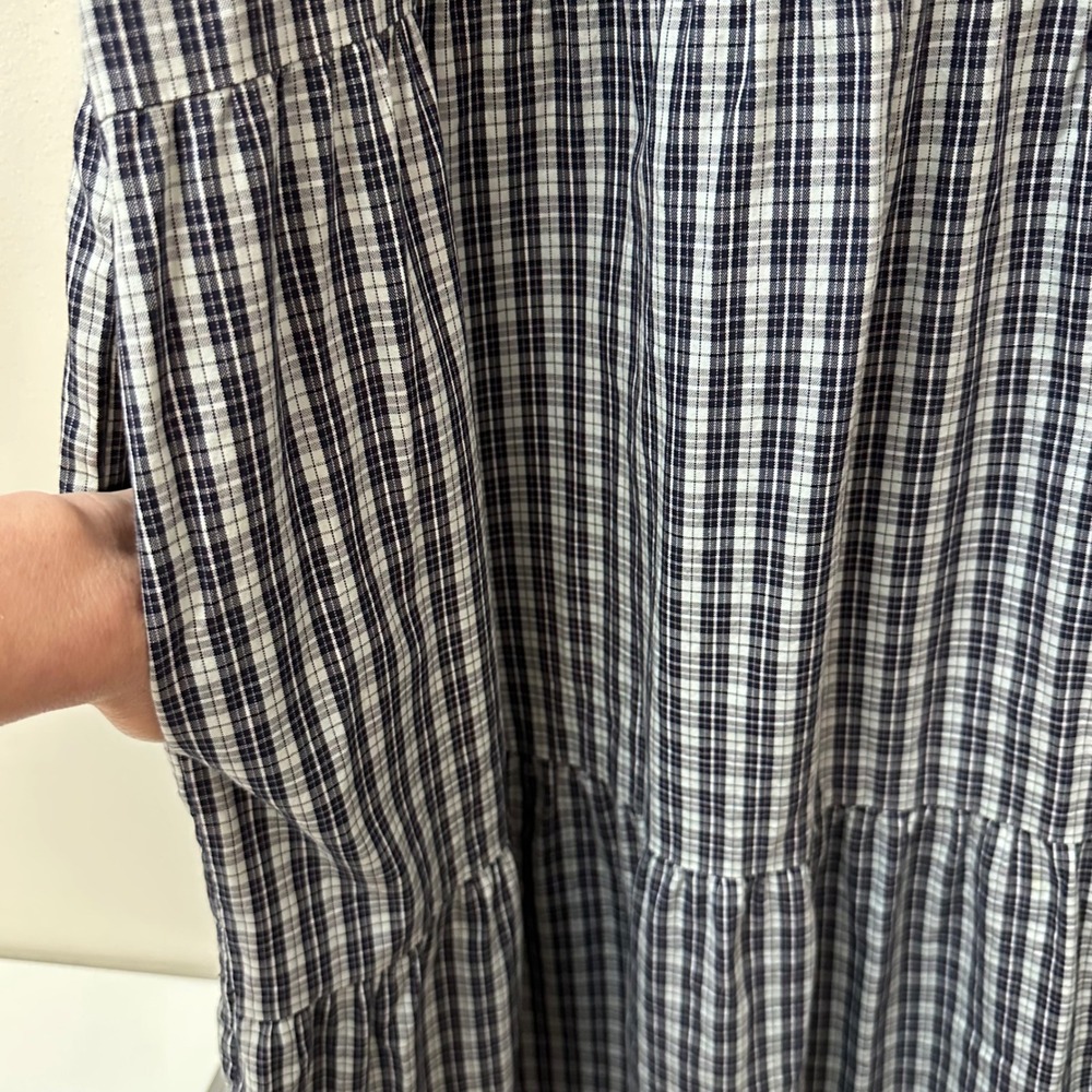 Everlane Navy White Plaid Tiered Mock Neck Dress Cotton Pockets Small S - Picture 5 of 10